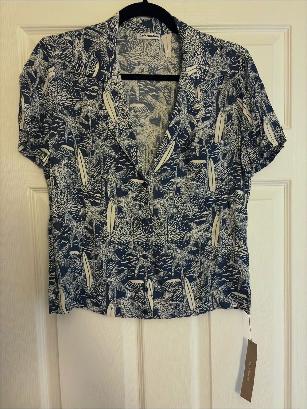 Reformation Cuba Top Bali Tropical Palm Print Blue Cream Blouse Size Small